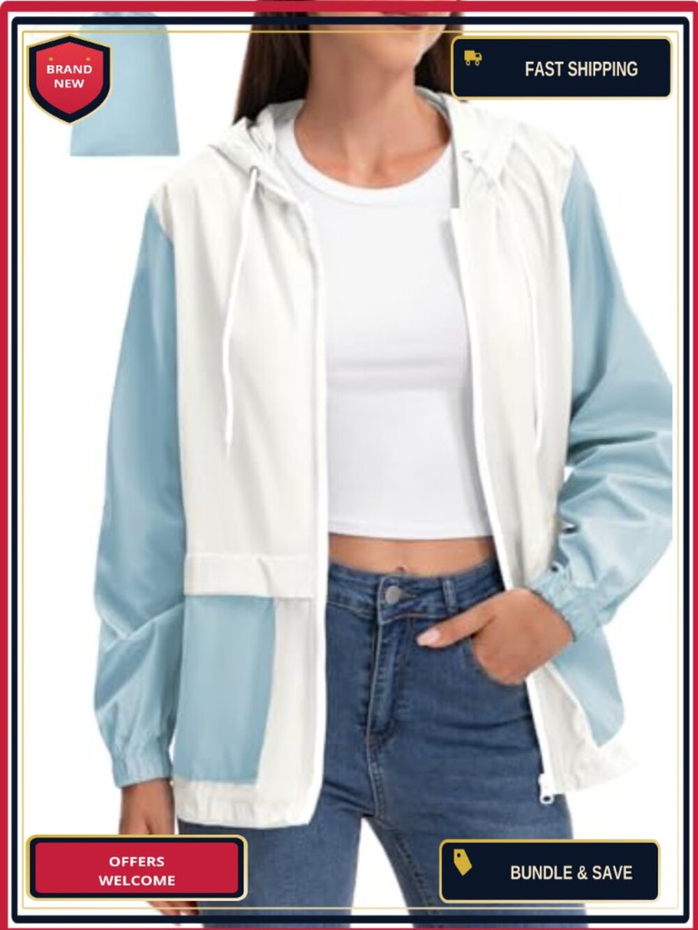 Lightweight Packable Rain Jacket with Hood, Windbreaker, Water Resistant